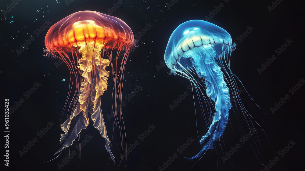 Ethereal Jellyfish Gliding in Ocean Depths with Translucent Body in Mesmerizing Colors of Wonder Ethereal Jellyfish Gliding in Ocean Depths with Translucent Body in Mesmerizing Colors of Wonder