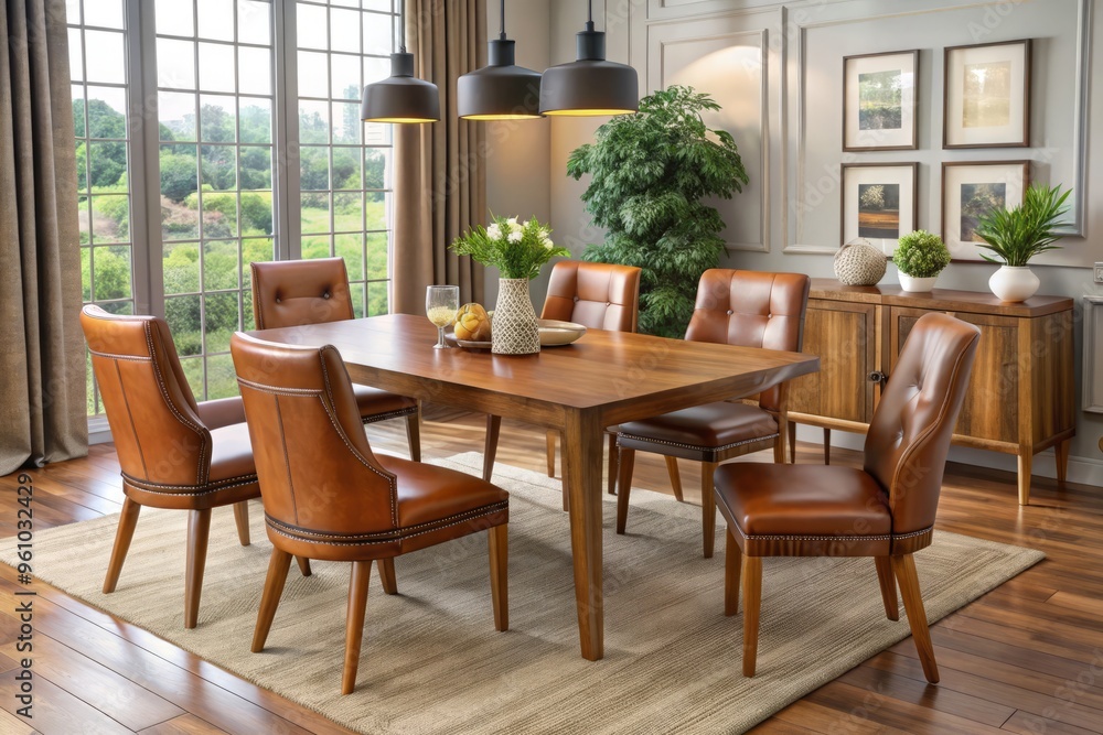 Fototapeta premium Luxurious leather chairs and wooden accents define the stylish dining room set, accompanied by a set of elegant