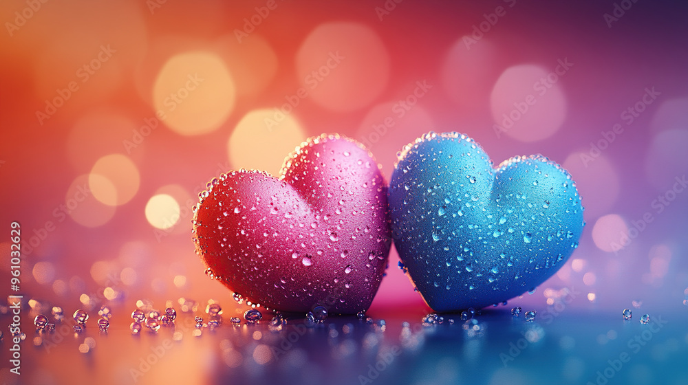 Two colorful hearts with water droplets on them, set against a gradient background of blue and pink colors Two colorful hearts with water droplets on them, set against a gradient background of blue and pink colors