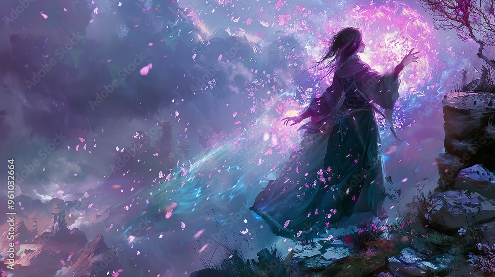 Mystical Woman with Glowing Magic in a Dreamy Landscape Mystical Woman with Glowing Magic in a Dreamy Landscape