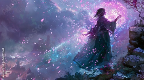 Mystical Woman with Glowing Magic in a Dreamy Landscape