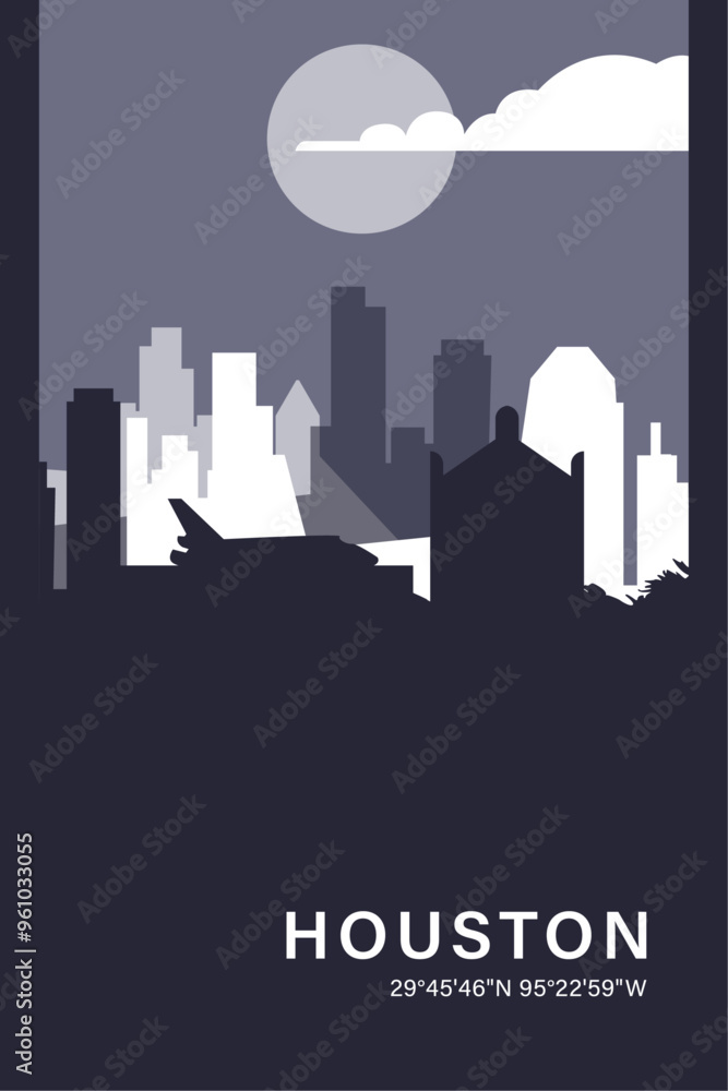 Naklejka premium USA Houston city minimalistic poster with skyline, cityscape retro vector illustration. US Texas state abstract travel front cover, brochure, flyer, leaflet, flier, template, layout