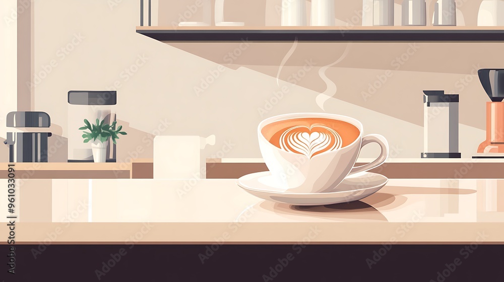 Latte Art in Coffee Cup on Countertop in Coffee Shop Latte Art in Coffee Cup on Countertop in Coffee Shop