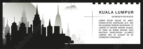 Canvas Print Kuala Lumpur skyline vector banner infographic, black and white minimalistic cityscape silhouette