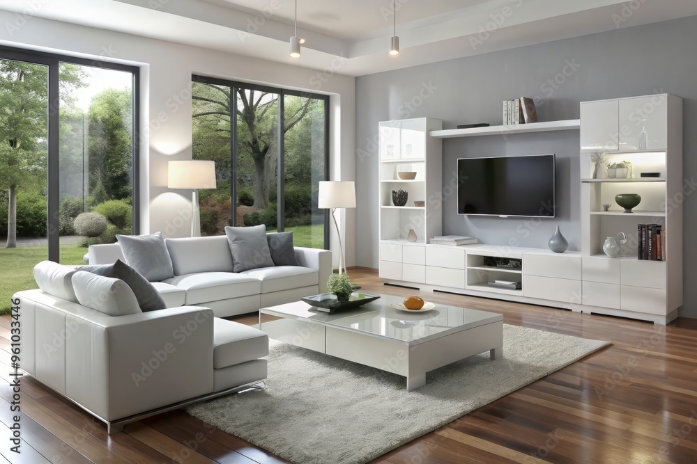 Minuscule white furniture with lacquer finishes dominates a sleek, high-gloss living room, its simplicity and elegance Minuscule white furniture with lacquer finishes dominates a sleek, high-gloss living room, its simplicity and elegance