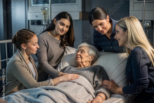 Family visiting elderly patient in hospital with care and support