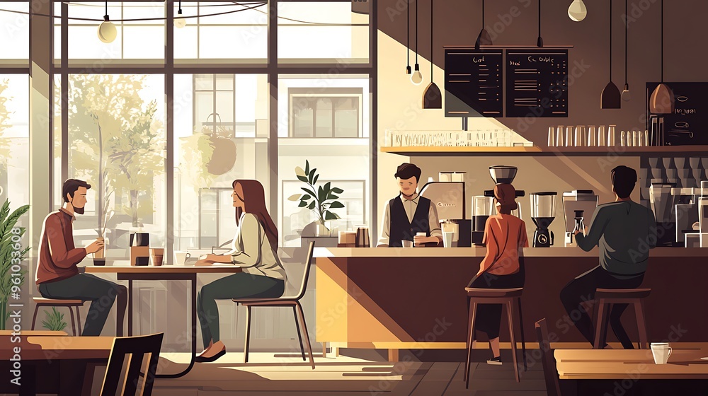 Coffee Shop Interior Design Barista Serving Customers at Counter Coffee Shop Interior Design Barista Serving Customers at Counter