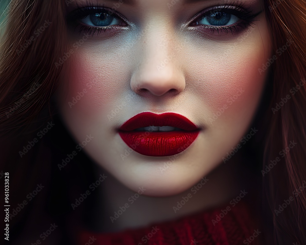 Close Up of Beautiful Woman s Eyes and Lips with Red Lipstick Close Up of Beautiful Woman s Eyes and Lips with Red Lipstick
