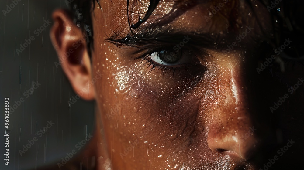 Close-Up Portrait of a Man's Face in the Rain Close-Up Portrait of a Man's Face in the Rain