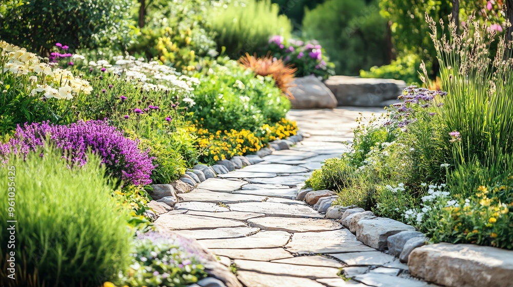 A stone pathway winds through a lush, colorful garden. A stone pathway winds through a lush, colorful garden.