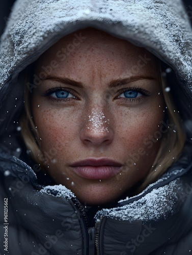 Woman in Winter  Close Up Portrait  Snow Falling  Blue Eyes photo