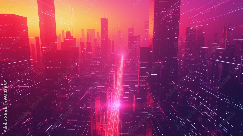 Obraz premium A vibrant futuristic cityscape bathed in neon hues of pink and orange, showcasing towering skyscrapers and glowing gridlines. The image captures the essence of a digital metropolis, blending modern