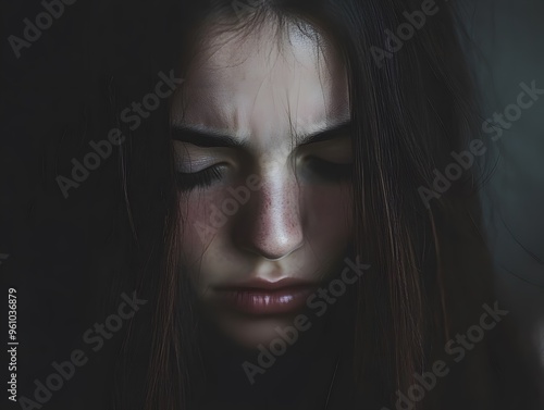 Close Up Portrait of a Sad Young Woman with Long Brown Hair