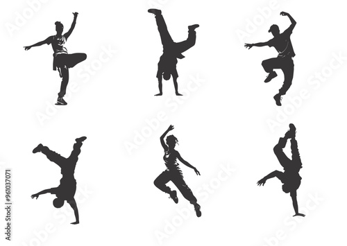 A set of street dance hip hop dancers in silhouette