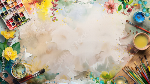 Floral Art-Themed Background with Painting Tools and Brush Strokes