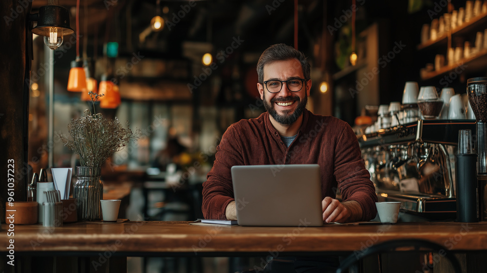 smiling business casual man working on a laptop at a stylish coffee shop, smiling business casual man working on a laptop at a stylish coffee shop,