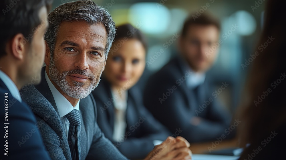 Confident Businessman in Meeting with Colleagues Confident Businessman in Meeting with Colleagues
