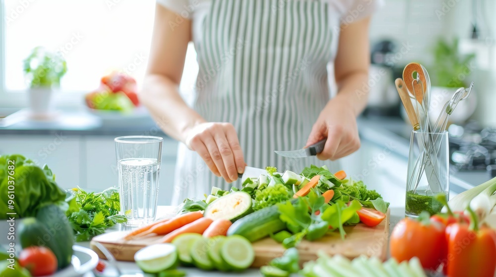 Bright and Modern Kitchen Scene: Healthy Eating for Productivity with Fresh Salad Preparation Bright and Modern Kitchen Scene: Healthy Eating for Productivity with Fresh Salad Preparation