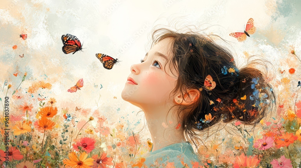 Fototapeta premium Little Girl Wondering at Butterflies in a Flower Field