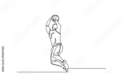 Continuous Line drawing of male Basketball Player.Single-line Young athletic man, basketball player in sportswear and jumping action.Concept of professional sport, games, championships,
 healthy life