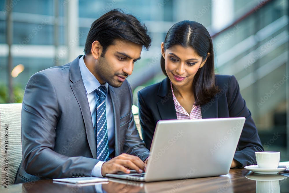 Two business professionals working together on laptop Two business professionals working together on laptop