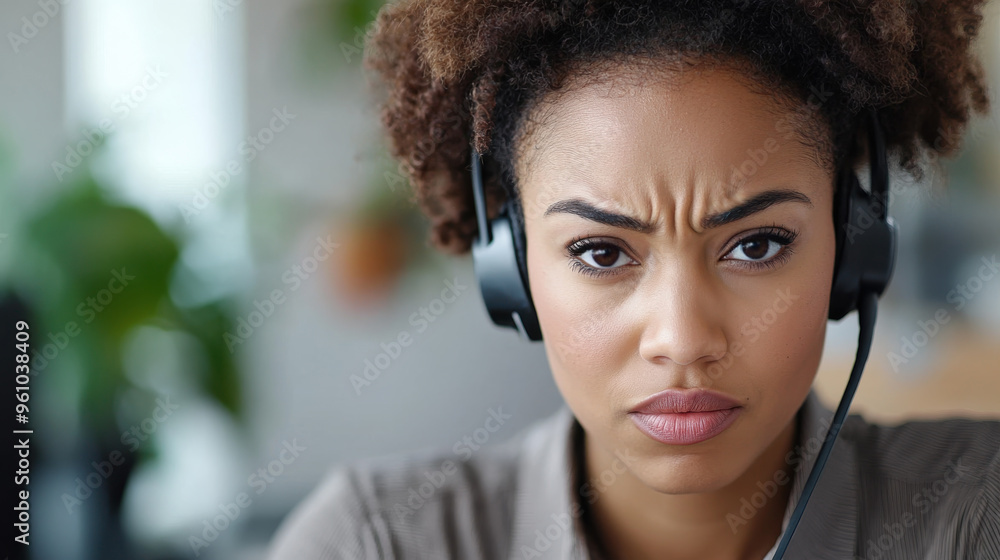 A female customer service representative becoming angry or impatient with the caller. Angry expression and wrinkled brow. African American wearing a headset in an office or her home. A female customer service representative becoming angry or impatient with the caller. Angry expression and wrinkled brow. African American wearing a headset in an office or her home.