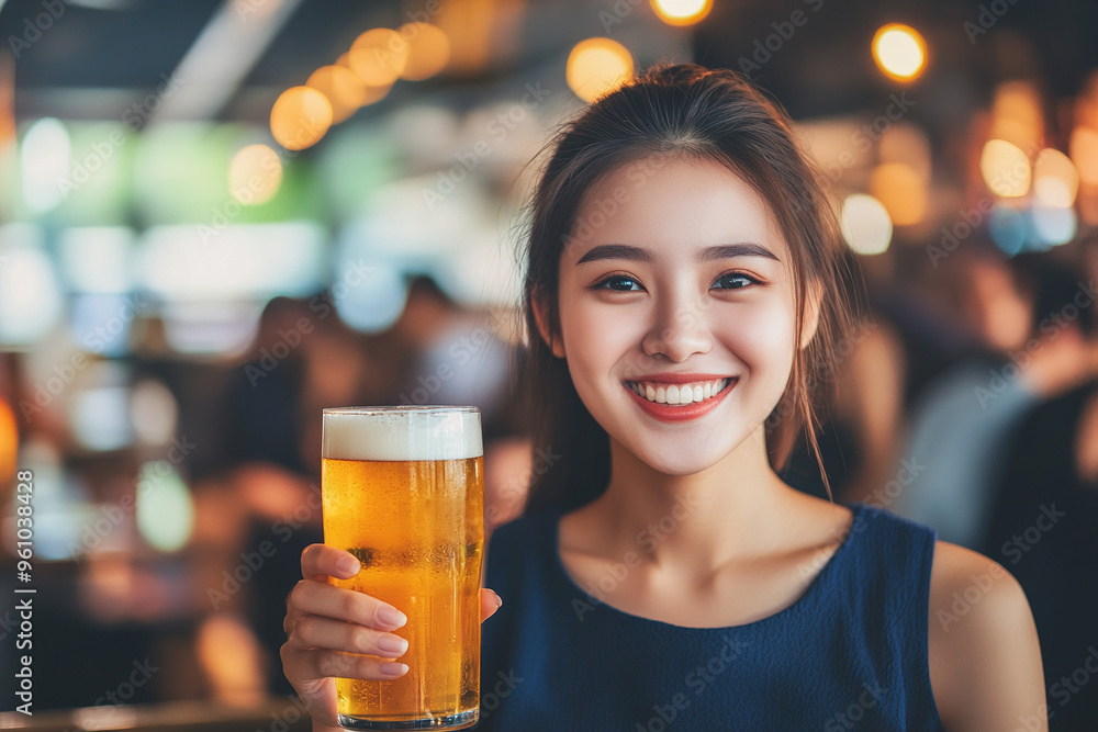 Happy young Asian woman in a dark blue dress with high ponytail, enjoying a beer and smiling in a stylish bar with a blurred nightlife background and space for text on the right. Happy young Asian woman in a dark blue dress with high ponytail, enjoying a beer and smiling in a stylish bar with a blurred nightlife background and space for text on the right.