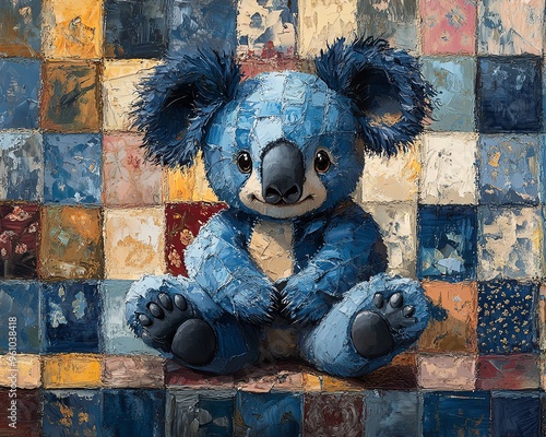 painting of a blue stuffed koala with light blue shading on belly and legs, visible patchwork seams, joyful expression, black tuft on head, curved line mouth, ragged but charming photo