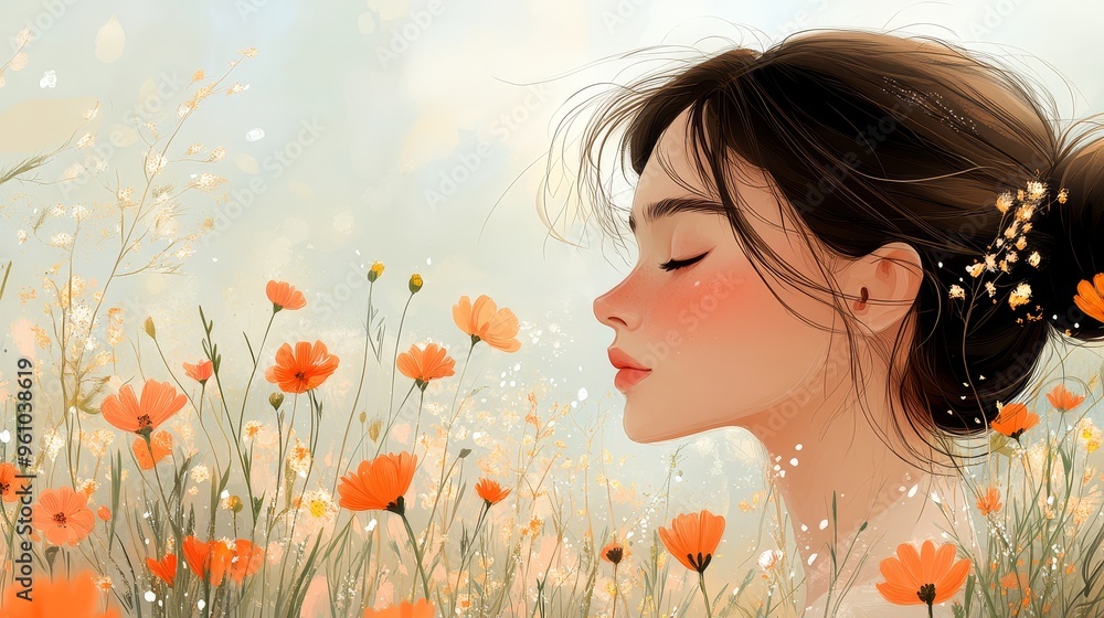 Naklejka premium Woman in a Field of Flowers Springtime Beauty and Tranquility