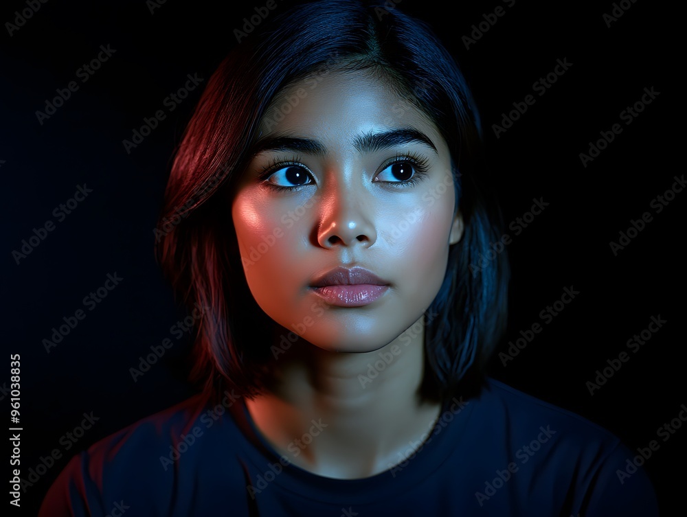 Woman with Blue and Red Neon Lighting Portrait Woman with Blue and Red Neon Lighting Portrait