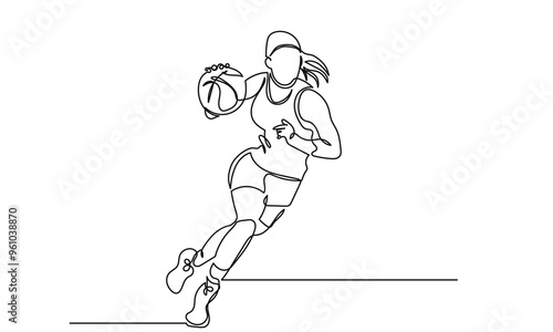 Continuous Line drawing of female Basketball Player.Single-line Young athletic woman, basketball player in sportswear and jumping action.Concept of professional sport, games, championships,
 healthy, 