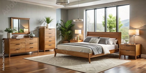 Wallpaper Mural Modern bedroom set featuring a platform bed, dresser, chest, and nightstands in a warm wood tone and sleek Torontodigital.ca