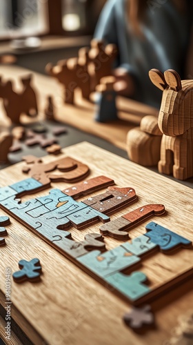 Wooden puzzle pieces arranged on a table, promoting creativity and learning for children in a warm and inviting environment. photo