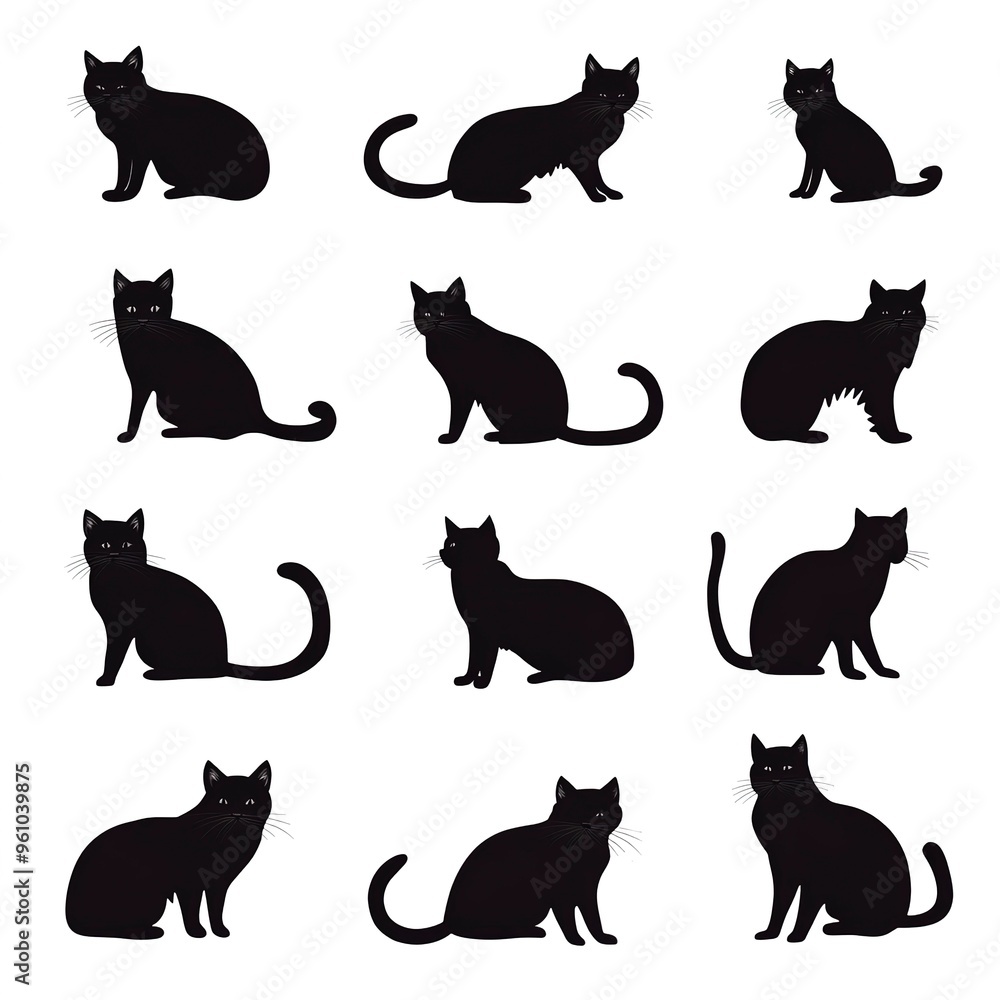 set of black cats silhouettes on white set of black cats silhouettes on white