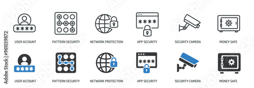 Security line and glyph solid icons collection. Minimal icon and symbol series vector illustration