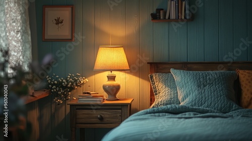 Cozy Bedroom Interior with Bedside Lamp and Wooden Nightstand