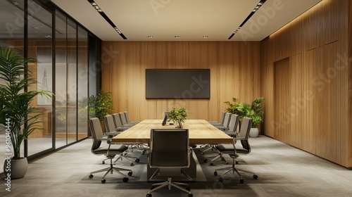 Front view of empty modern conference room with office desk and chairs, wooden walls and floor. 3D Rendering