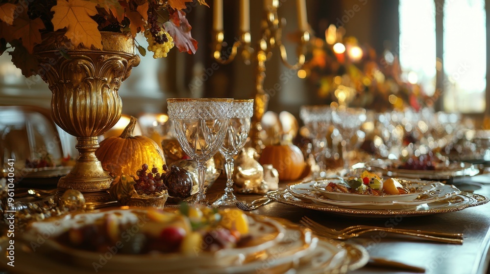 Elegant Golden Table Setting with Fall Decor.