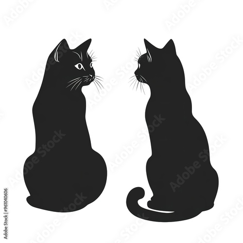 Silhouettes of Sitting and Standing Cats in Black. Vector icon design.