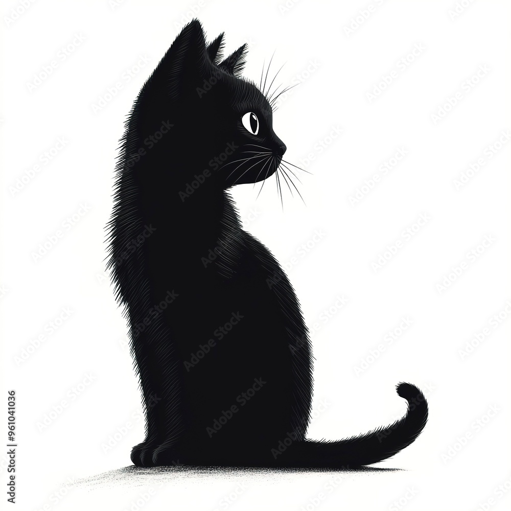 Obraz premium Silhouette of a black cat with white eyes sitting on a white background