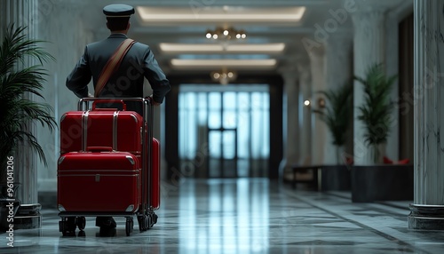 realistic scene of a bellboy pushing a trolley with suitcases in a hotel lobby, detailed and lifelike photo