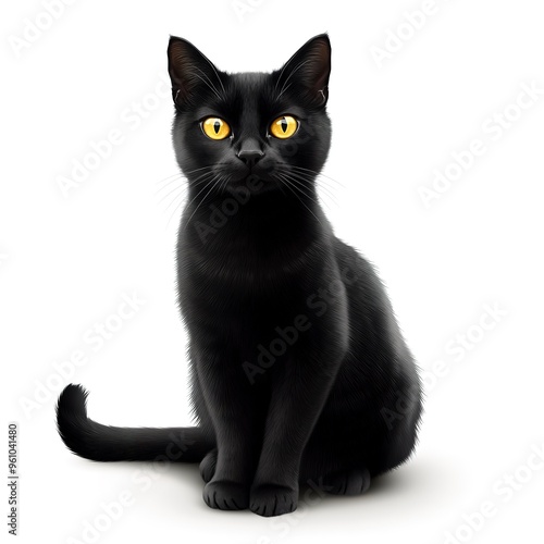 Black cat with a scary look sitting on white background.