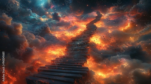 A bridge made of piano keys stretching across a river of swirling colors, with music notes drifting through the air. Creative concept art, high resolution, detailed, colorful, surrealistic, digital photo