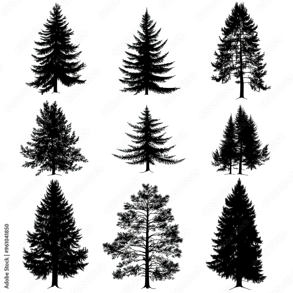 Obraz premium Pine tree silhouettes. Evergreen forest firs and spruces black shapes, wild nature trees templates. Vector illustration of woodland trees set on a white background design. 