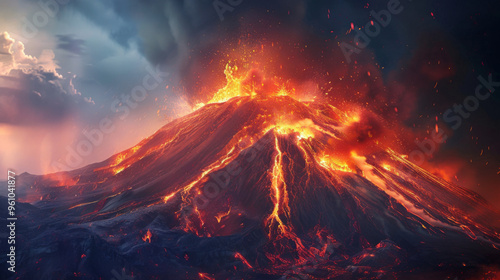 Dynamic scene of a volcanic eruption, showcasing glowing lava flows and fiery explosions under a dramatic sky.