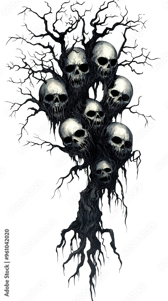 Spooky haunted tree with ominous faces and creepy roots isolated on a white background. Concept of Halloween, horror, haunted forest, evil nature. Print, art, illustration. Clipart