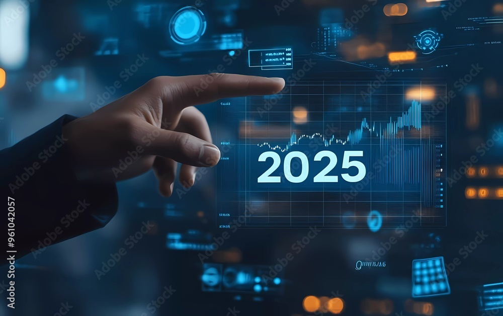 Businessman touching a virtual screen with a stock market graph and the text Businessman touching a virtual screen with a stock market graph and the text