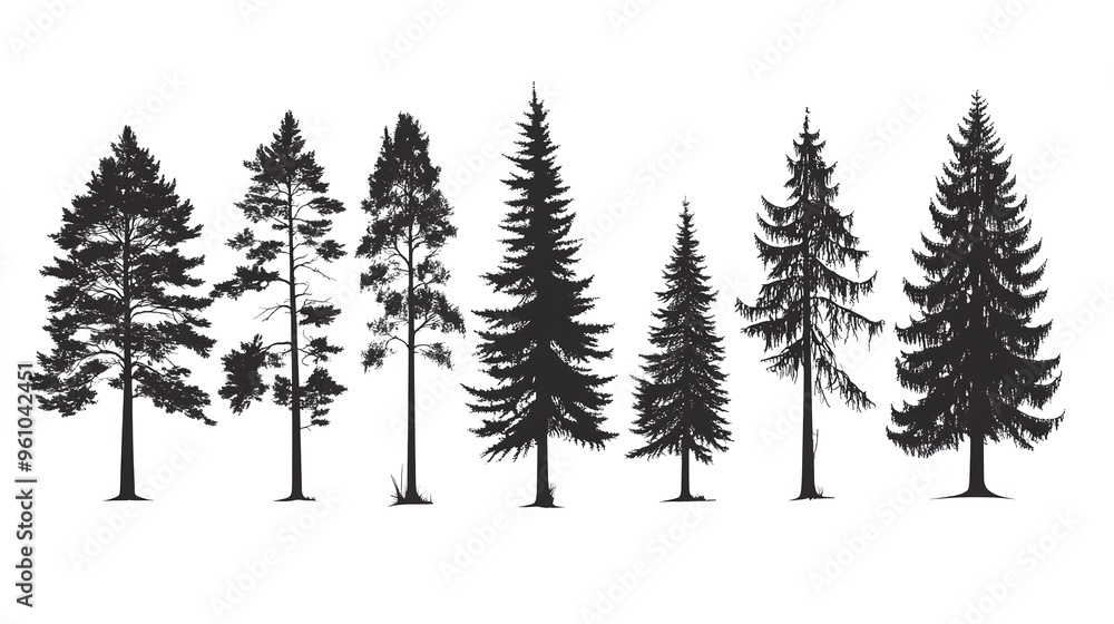 Obraz premium A Pine tree silhouette. Evergreen forest firs and spruces black shapes. Vector illustration of woodland tree set on a white background design. 