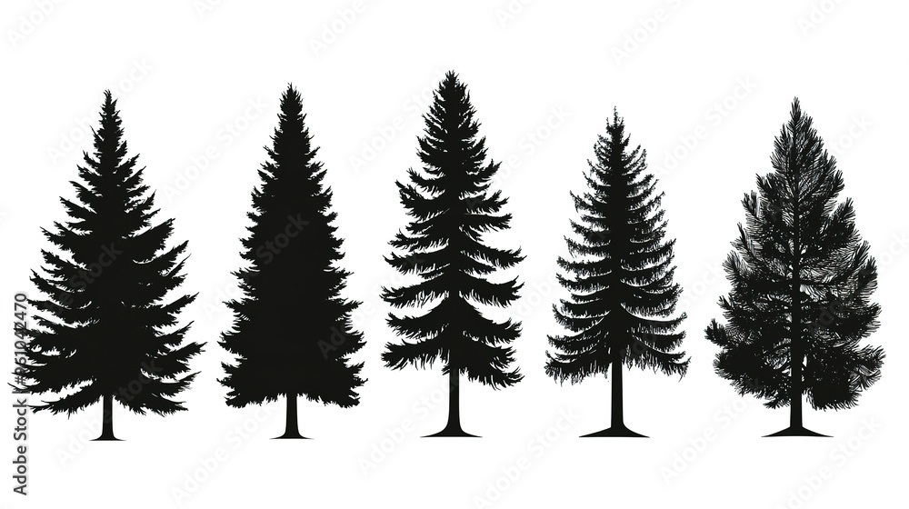 A Pine tree silhouette. Evergreen forest firs and spruces black shapes. Vector illustration of woodland tree set on a white background design. A Pine tree silhouette. Evergreen forest firs and spruces black shapes. Vector illustration of woodland tree set on a white background design.