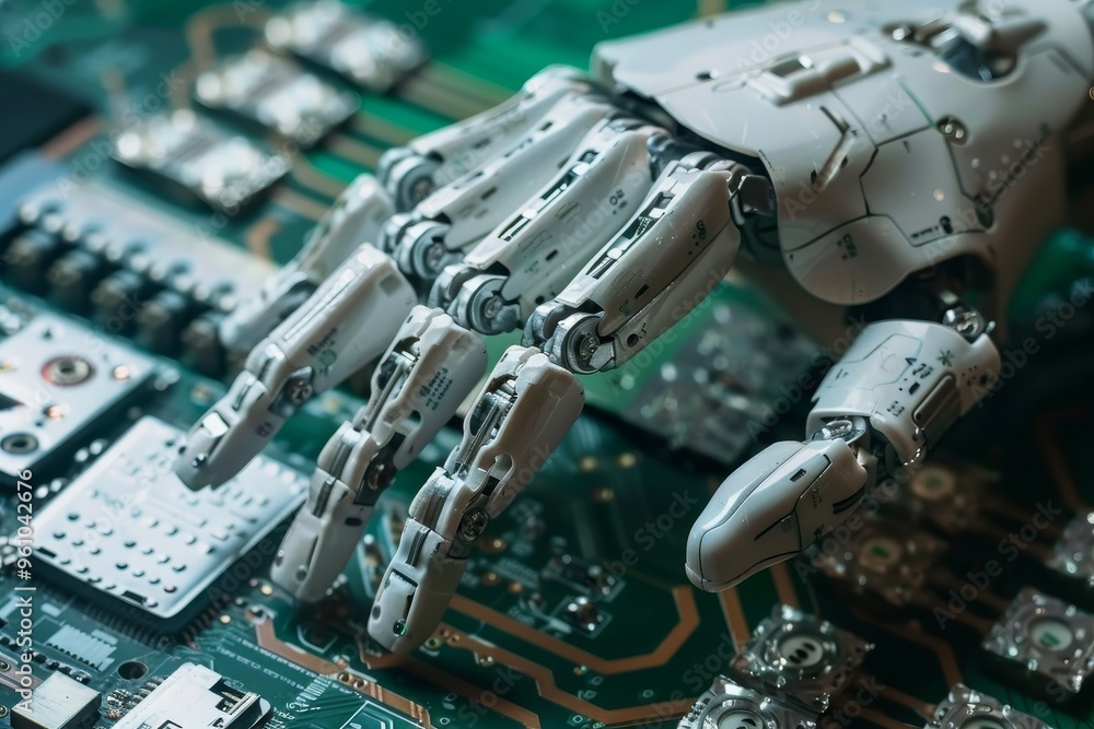 Fototapeta premium Humans and machines extending device lifespans through technology repair and maintenance practices